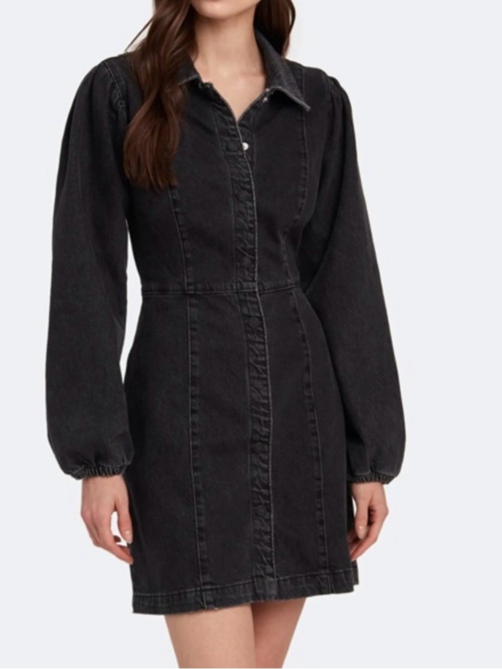 Free People Mia Washed Black Denim Shirt Dress with Puff Sleeves